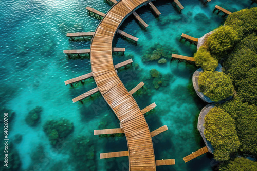 Aerial view of a wooden over water bridge in the turquoise ocean on tropical island.