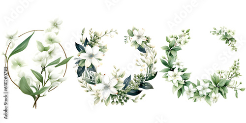 Beautiful wedding wreath with Deutzia hybrida flowers watercolor elements set.