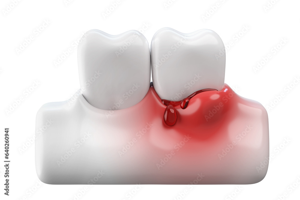 Bleeding gums and white teeth, gums disease or gingivitis concept. 3D rendering. Stock