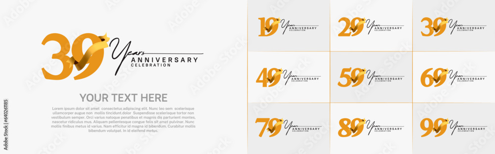 Fototapeta premium set of anniversary logo with orange number and golden ribbon can be use for celebration