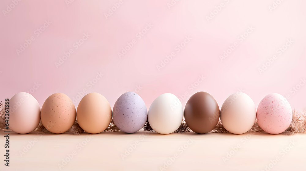 Pastel colored eggs in a row with a pink background. Isolated eggs with copy space. Front facing holiday eggs with editorial space. Pastel colored eggs in a row with a pink background. Isolated eggs with copy space. Front facing holiday eggs with editorial space.