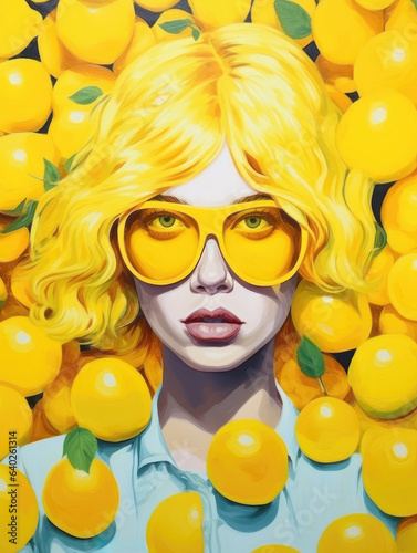 Young woman in yellow sunglasses among yellow lemons.