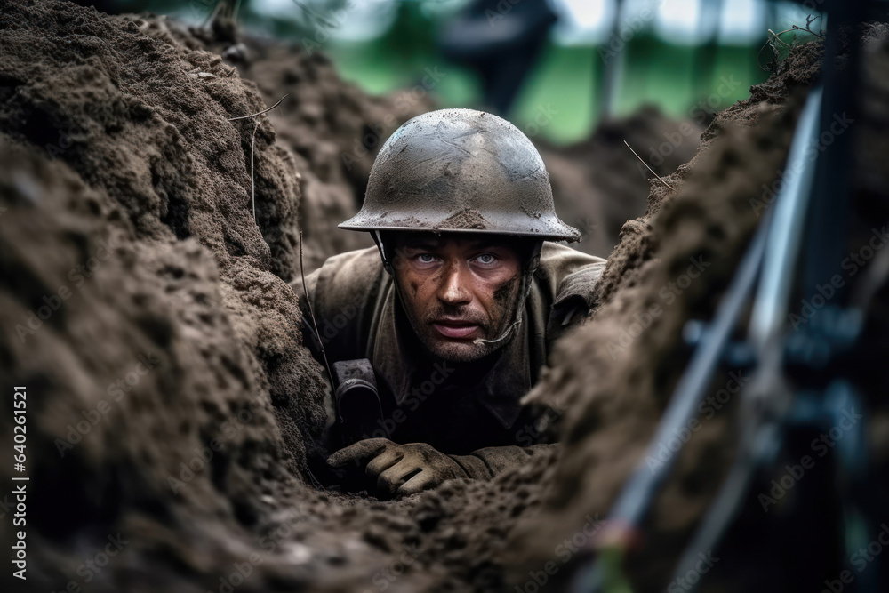 Soldier in helmet lying in a trench during war fighting