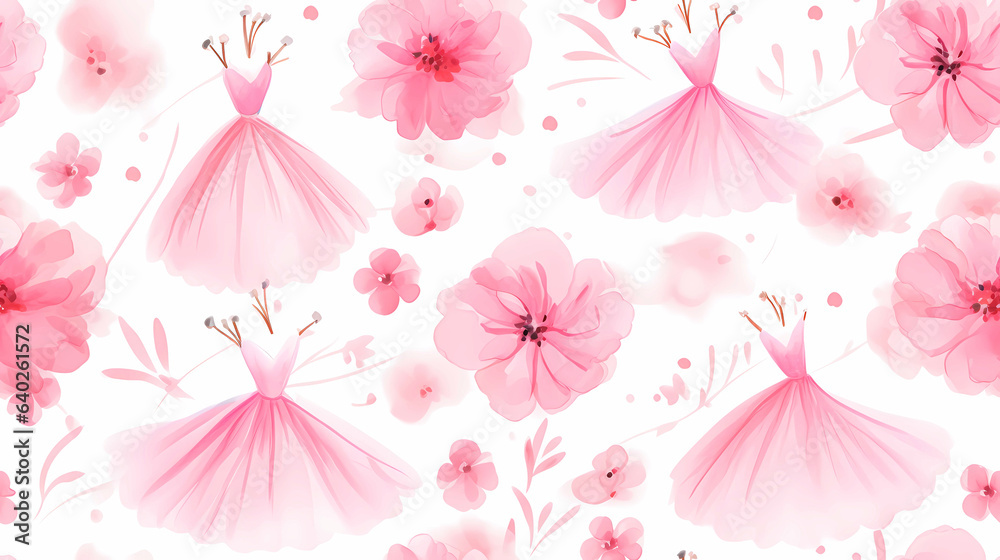 Pastel pink dresses and flowers seamless wallpaper for girls room. white background.  Patterned paper for crafts, scrapbooks or art projects. 