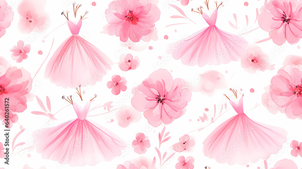 Pastel pink dresses and flowers seamless wallpaper with white background. endless decorative texture Pastel pink dresses and flowers seamless wallpaper with white background. endless decorative texture