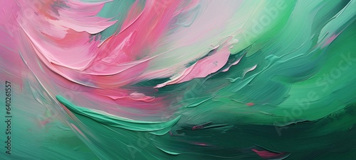 Fototapeta Naklejka Na Ścianę i Meble -  Closeup of abstract rough colorful green pink colors art painting texture background wallpaper, with oil or acrylic brushstroke waves, pallet knife paint on canvas