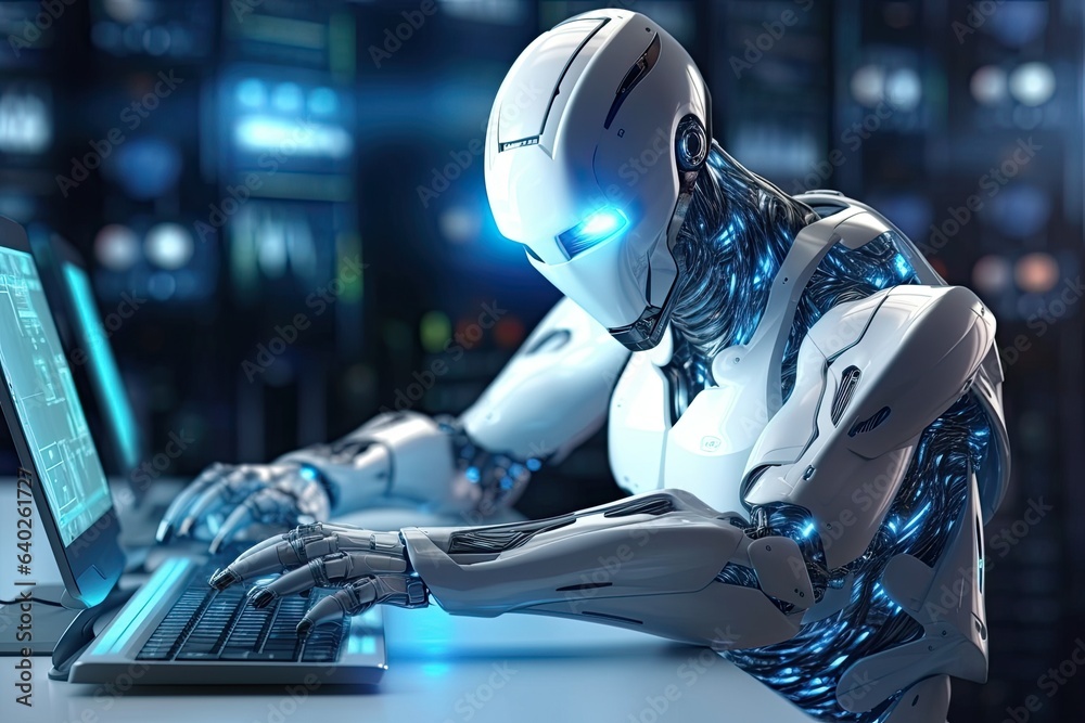 humanoid robot typing on computer keyboard humanoid robot typing on computer keyboard