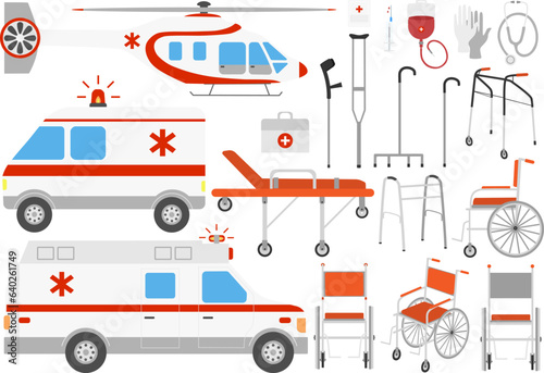 Vector clip art with ambulance car, air ambulance helicopter, wheelchair, canes, first aid kit