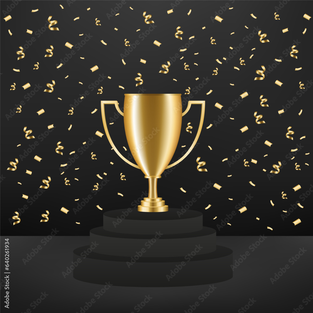 Realistic Golden Trophy cup stand on round podium with surrounded by falling confetti. On black colour background. Vector illustration Realistic Golden Trophy cup stand on round podium with surrounded by falling confetti. On black colour background. Vector illustration