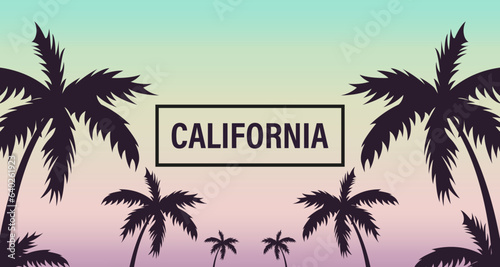 Summer sunset beach. Palm tree silhouette. Los Angeles, California, Hollywood. Design of social media, banner, poster, newsletter, advertisement, leaflet, placard, wallpaper. Vector illustration