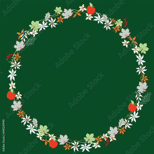 Round frame with autumn leaves, branches of rowan and apples