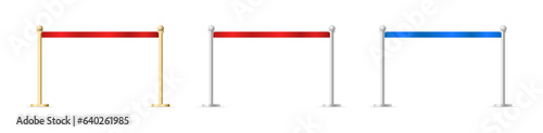 Realistic blue and red retractable belt stanchion, realistic metal barrier for belt control isolated on white background. Strong, upright pole for crowd control. 3d. Vector illustration