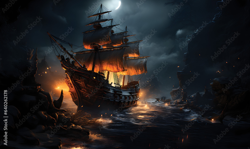 pirate ship sailing the ocean