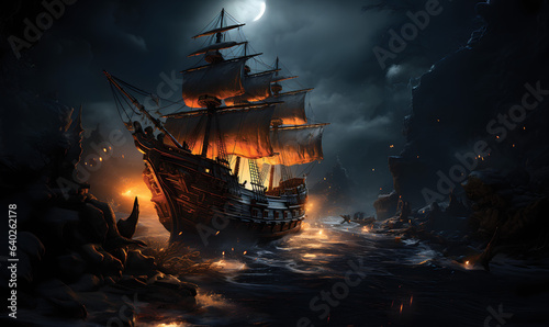 pirate ship sailing the ocean