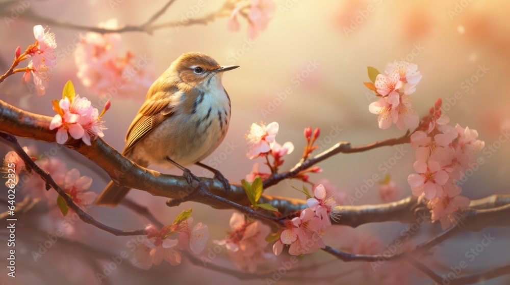 Photo of a colorful bird perched on a blooming branch with pink flowers