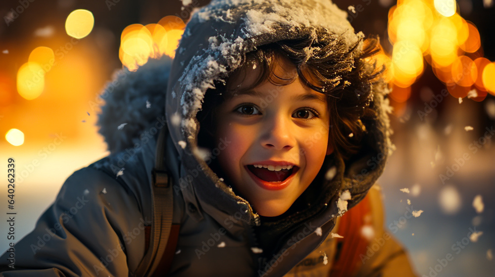 Enchanting young boy in a winter wonderland, eyes wide with joy and excitement as he glides down a snowy hill on his sled, vibrant fairy lights contrast against blurred background. Enchanting young boy in a winter wonderland, eyes wide with joy and excitement as he glides down a snowy hill on his sled, vibrant fairy lights contrast against blurred background.