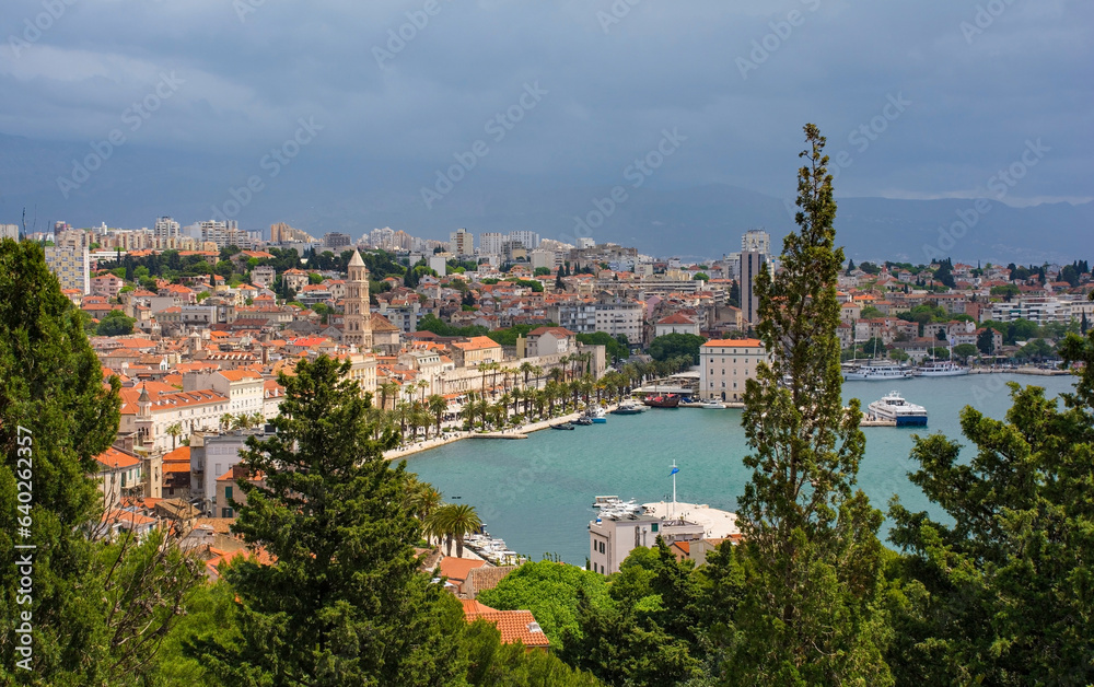 A view of the historic coastal town of Split in Croatia from Marjan Hill which overlooks the town