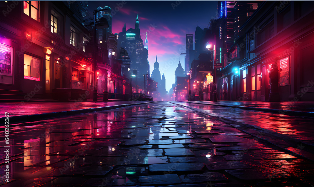 Night glowing city street