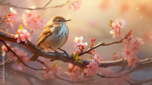 Photo of a colorful bird perched on a blooming branch with pink flowers