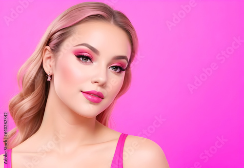 young cute pink girl, pink woman with pink dress and pink background