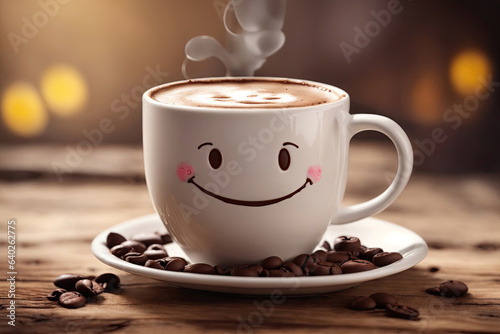 white coffee cup with happy face on coffee feed