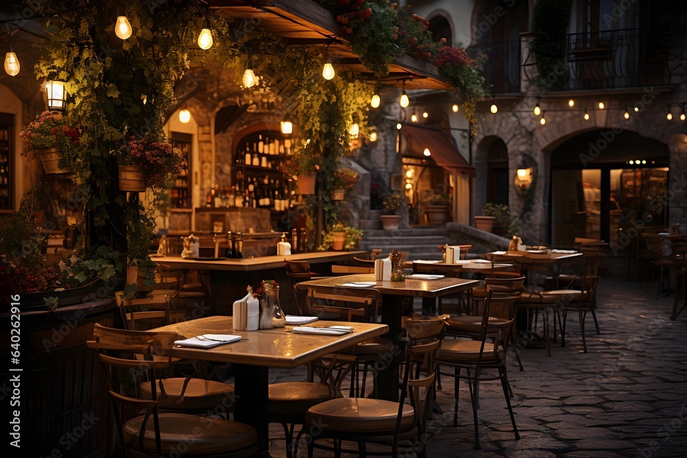 A stunning restaurant scene at night with tables and chairs outside. Beautiful European architecture. 