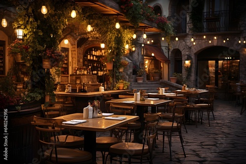 A stunning restaurant scene at night with tables and chairs outside. Beautiful European architecture. 