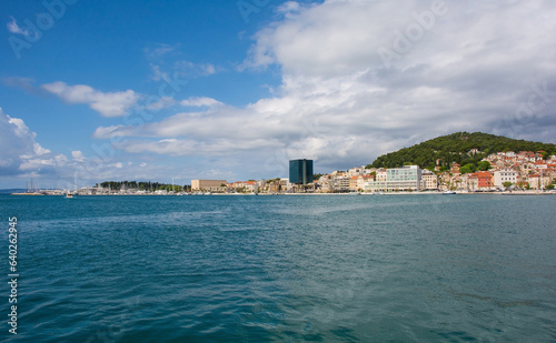 The waterfront of the historic coastal city of Split in Dalmatia, Croatia. Marjan Hill is background right