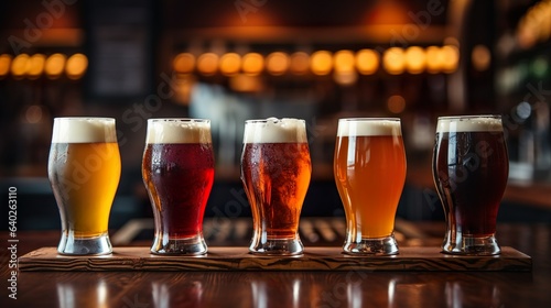 Celebrating Craft: Beer Glasses on Wooden Pub Bar, generative Ai