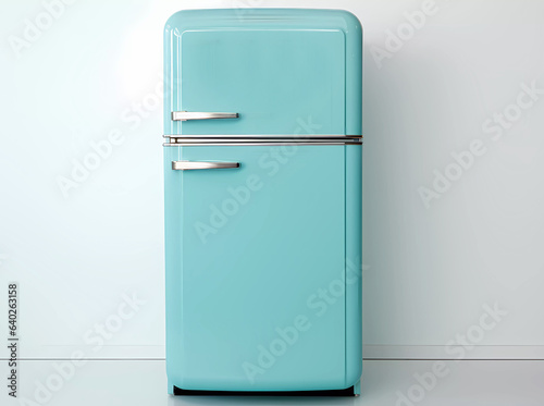 Vintage mint green colored refrigerator freezer isolated on a white background.  Retro pastel colored refrigerator for kitchen  © Feathering Flower