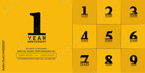 set of anniversary logo with black number on yellow background can be use for celebration