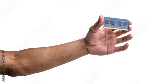 Hand-holding laptop component RAM isolated on a transparent background