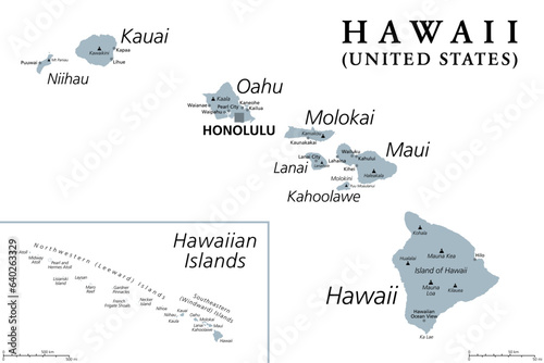 Hawaiian Islands, gray political map. Archipelago of 8 major volcanic islands, several atolls and numerous smaller islets in the North Pacific Ocean, extending from Island of Hawaii to the Kure atoll.