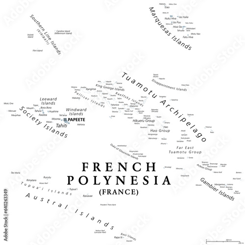 Fotografia, Obraz French Polynesia, gray political map with capital Papeete, on the island of Tahiti