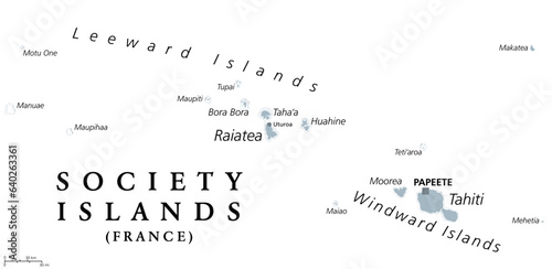 Society Islands, gray political map. Group of volcanic islands, in French Polynesia. Overseas collectivity of France in the South Pacific Ocean. Archipelago, divided into Leeward and Windward Islands.