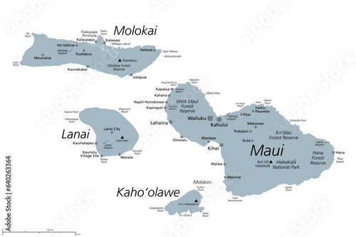 Maui County in the U.S. state Hawaii, gray political map with Wailuku as seat. Consisting of islands of Maui, Lanai, Molokai, Kahoolawe and Molokini. With Kalawao County on the north coast of Molokai.