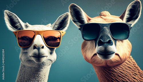 Lama Alpaka mit Sonnenbrille skurrile Tiere lustig für Karte Grußkarte Vorlage Motiv Design Hintergrund Idee Karikatur Comic Generative AI 