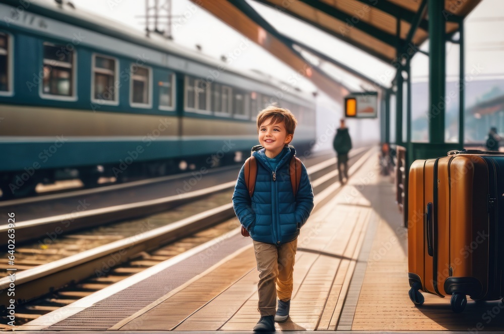 happy boy on railway station perron at autumn late morning. Travelling and vacations concept.