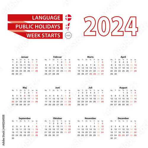 Calendar 2024 in Danish language with public holidays the country of Denmark in year 2024.