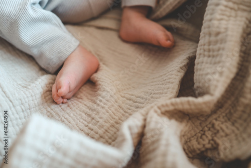 Photos Feet of a newborn baby in a cradle close-up