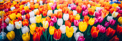 Panoramic landscape of multicolored beautiful blooming tulips.  Closeup view of tulip flowers in spring.  #640264542
