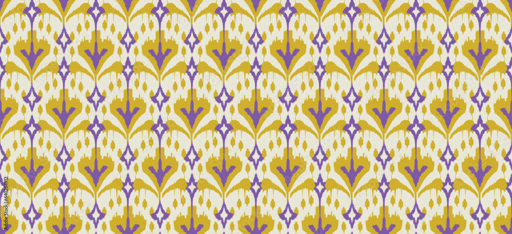 Motif ethnic handmade beautiful Ikat art print. Ethnic abstract floral botanical yellow background art folk embroidery, Damask, Indian, Asia, Moroccan, and Turkey style. Printed fabric art ornament.