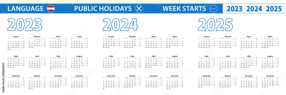 Simple calendar template in Latvian for 2023, 2024, 2025 years. Week starts from Monday. Simple calendar template in Latvian for 2023, 2024, 2025 years. Week starts from Monday.