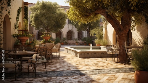 Courtyard   A secluded courtyard adorned with a mosaic-tiled fountain  olive trees  and wrought-iron furniture