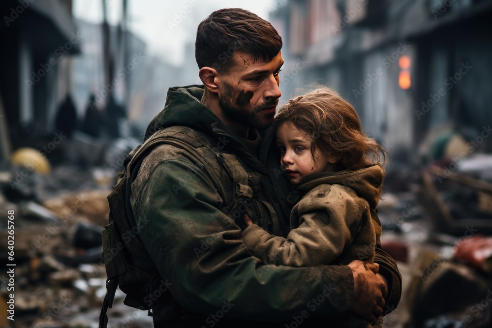 Fototapeta premium Brave soldier tenderly holds a small child in their arms