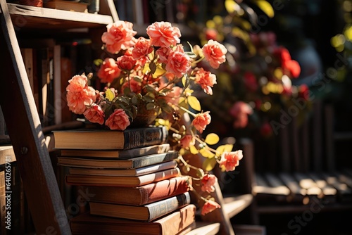 A ladder with red flowers and books sitting on it