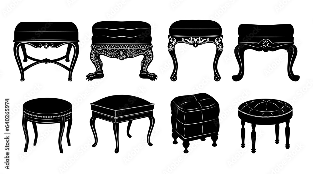 .Set of silhouettes of various ottomans. Isolated objects on a white background. Retro interior. Vector illustration. .Set of silhouettes of various ottomans. Isolated objects on a white background. Retro interior. Vector illustration.