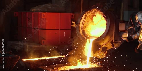 Liquid iron molten metal pouring in container, industrial metallurgical factory, foundry cast, heavy industry
