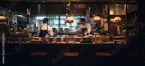 Busy Japanese restaurant. staff in motion. hand edited generative AI. 
