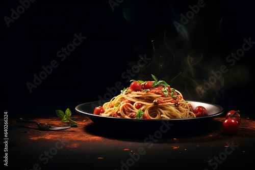 Dark plate with italian spaghetti on dark background generative ai